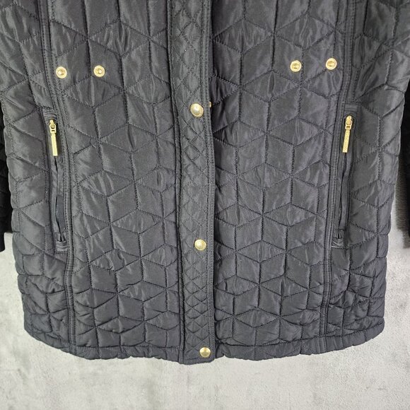 Womens Black Weatherproof Quilted Hooded Jacket w/ Floral Lining Full Zip Size M - Picture 3 of 12